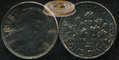 США. Монета 10 центов [Дайм]. 2013.D (KM#195a. Unc) Roosevelt Dime