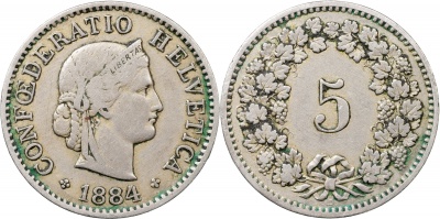 Швейцария. Монета 5 раппенов. 1884.B (S.1212 / KM#26. VF/XF)