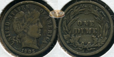 США. 10 центов [Дайм]. 1905.P (XF. Серебро)