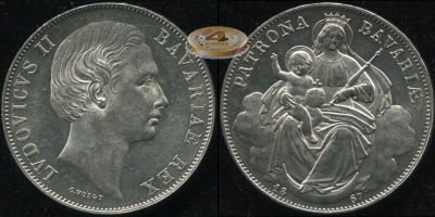 Германия (Бавария). Монета 1 союзный талер. 1867 (A.K.S.176. aUnc. Серебро)