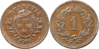 Швейцария. Монета 1 раппен. 1900.B (S.1215 / KM#3.1. XF/aUnc)