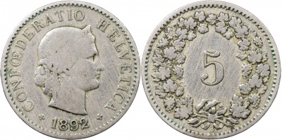 Швейцария. Монета 5 раппенов. 1892.B (S.1212 / KM#26. VF)