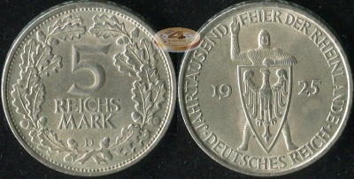 Германия [Веймарская респ.]. 5 рейхсмарок. 1925.D (aUnc. Серебро)
