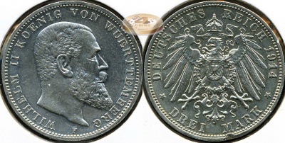 Германия (Вюртемберг). 3 марки. 1914 F (VF+. Серебро)