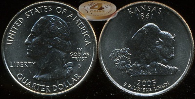 США. Монета 25 центов [Квотер]. 2005.D (KM#373. Unc) Канзас
