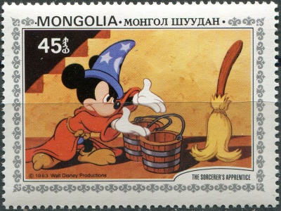 Монголия. 1983. Микки надевает шапочку и приказывает метле принести воды (Почтовая марка. MNH OG)