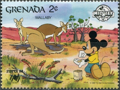 Гренада. 1988. Микки Маус кормит кенгуру-валлаби (Почтовая марка. MNH OG)