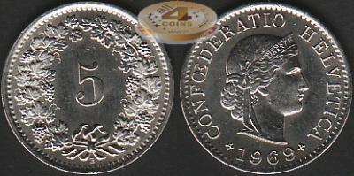 Швейцария. 5 раппенов. 1969 (Unc)