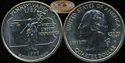 США. Монета 25 центов [Квотер]. 1999.D (KM#294. Unc) Пенсильвания