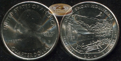 США. Монета 25 центов [Квотер]. 2014.D (KM#566. Unc) Great Smoky Mountains [Tennessee]