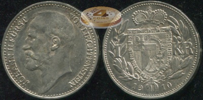 Лихтенштейн. 1 крона. 1910 (XF/aUnc. Серебро)