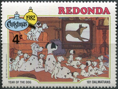 Редонда. 1982. Понго, Пердита и щенки смотрят телевизор (Почтовая марка. MNH OG)