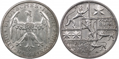 Германия [Веймарская респ.]. Монета 3 рейхсмарки. 1927.A (aUnc++. Серебро) Марбургский университет
