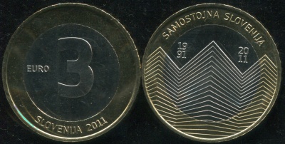 Словения. 3 евро. 2011 (Unc. Биметалл) 20 лет независимости Словении