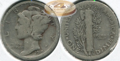 США. 10 центов [Дайм]. 1919 (aVF/F. Серебро)