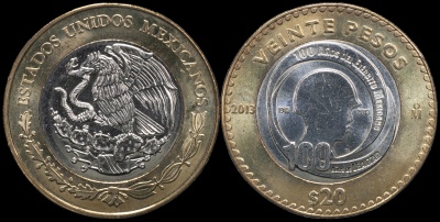 Мексика. Монета 20 песо. 2013.M° (KM#969. Unc. Биметалл) 100 лет вооруженным силам Мексики