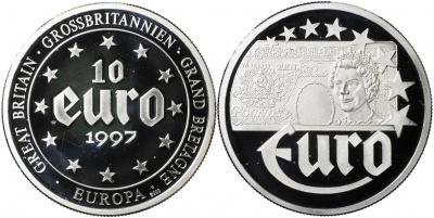 Великобритания. Монета 10 евро. 1997 (KM#NL. Proof. Серебро) Банкнота 10 фунтов