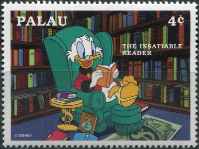 Палау. 1997. Ненасытный читатель - дядя Скрудж (Почтовая марка. MNH OG)
