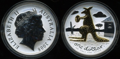 Австралия. 1 доллар. 2008 (Frosted Unc. Серебро. Позолота)