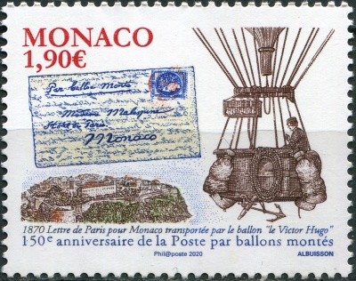Монако. 2020. 150-летие почтовой почты "Ballons Montes" (Почтовая марка. MNH OG)