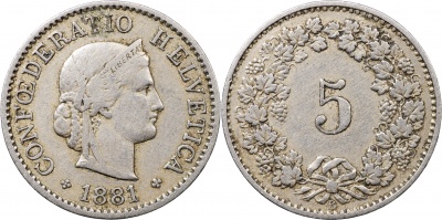 Швейцария. Монета 5 раппенов. 1881.B (S.1212 / KM#26. VF/XF)