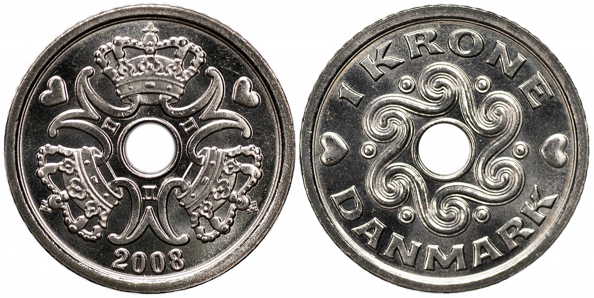 Дания. Монета 1 крона. 2008 (KM#873.2. Unc)