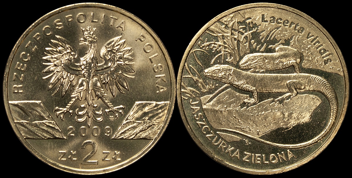 Польша. 2 злотых. 2009 (Unc) Зеленая ящерка
